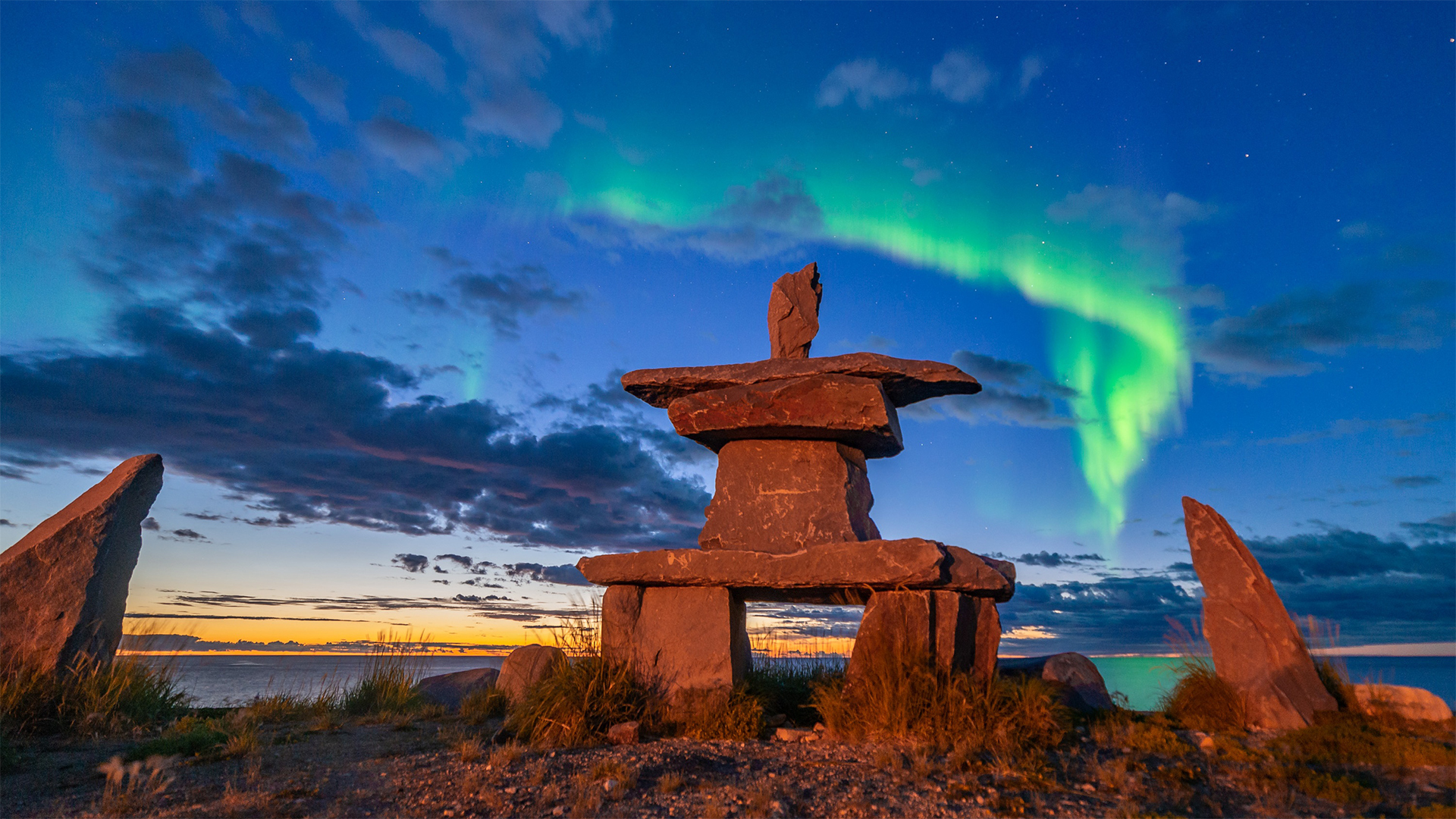 Inuit Inukshuk, churchill, canada, northern lights, Hudson Bay